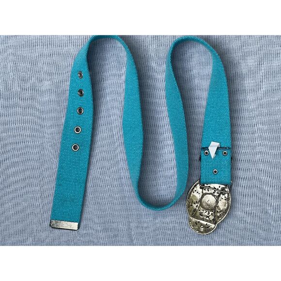Beautiful Enamel and crystal Belt Buckle on a Wide Turquoise Belt - size 11 39" - Picture 6 of 6